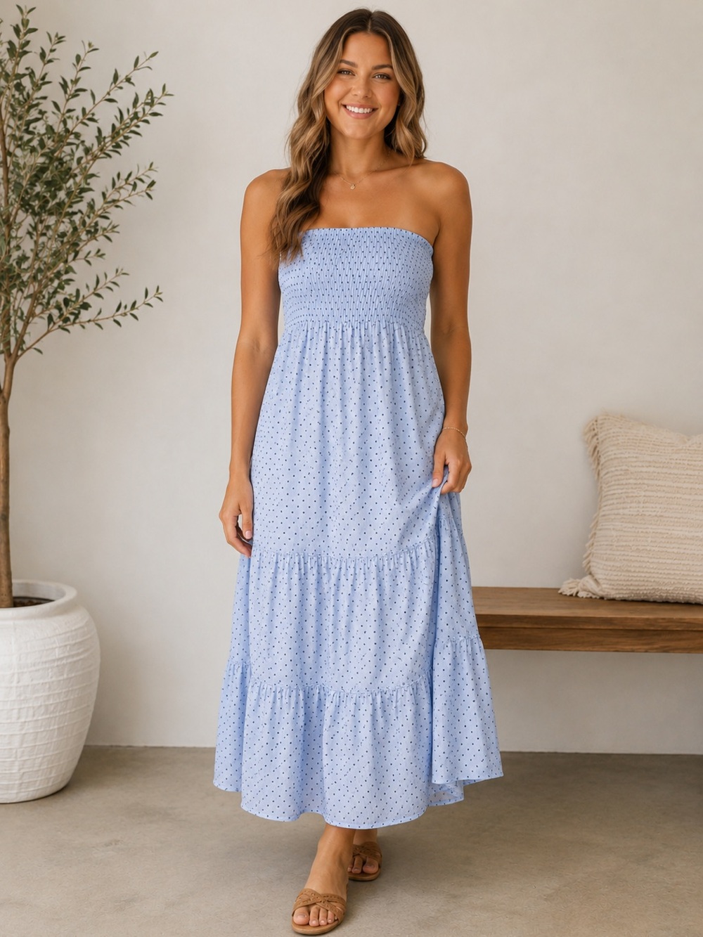Smocked Strapless Tiered Maxi Dress in Light Blue #1237